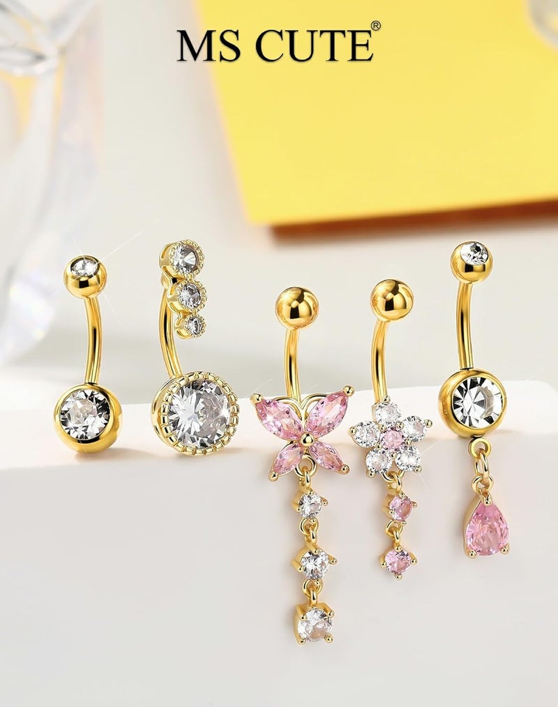 MS CUTE 5PCS Belly Button Rings for Women 14G Dangle Navel Piercing Jewelry Set Surgical Stainless Steel Body Jewelry with CZ Butterfly Flower Teardrop Barbell for Beach Festival Daily - Image 5